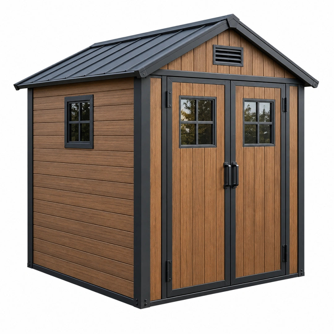 Abri de jardin 240 x 180 x 220 cm en composite brun et acier noir avec double porte vitrée - Xelmavor