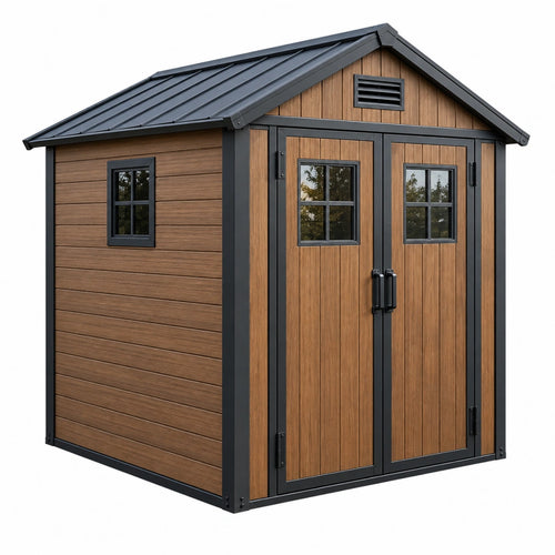 Abri de jardin 240 x 180 x 220 cm en composite brun et acier noir avec double porte vitrée - Xelmavor