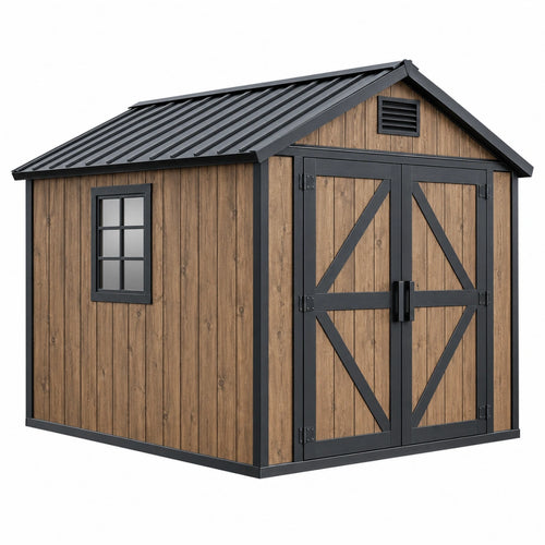 Abri de jardin 240 x 180 x 220 cm en acier brun et noir avec double porte style grange - Xelmavor