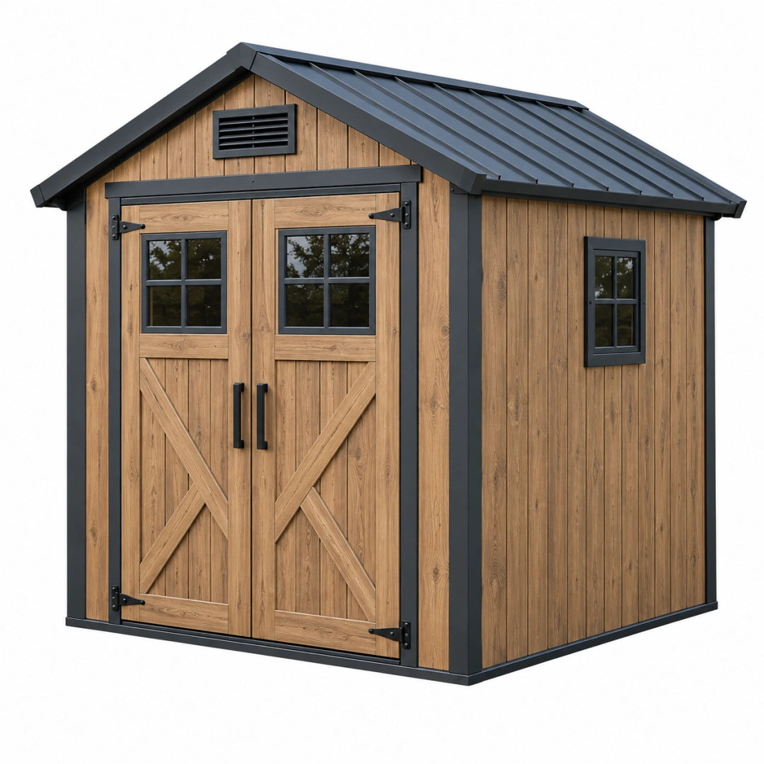 Abri de jardin 240 x 180 x 220 cm en bois marron avec toit métallique anthracite et double porte vitrée style grange - Xelmavor