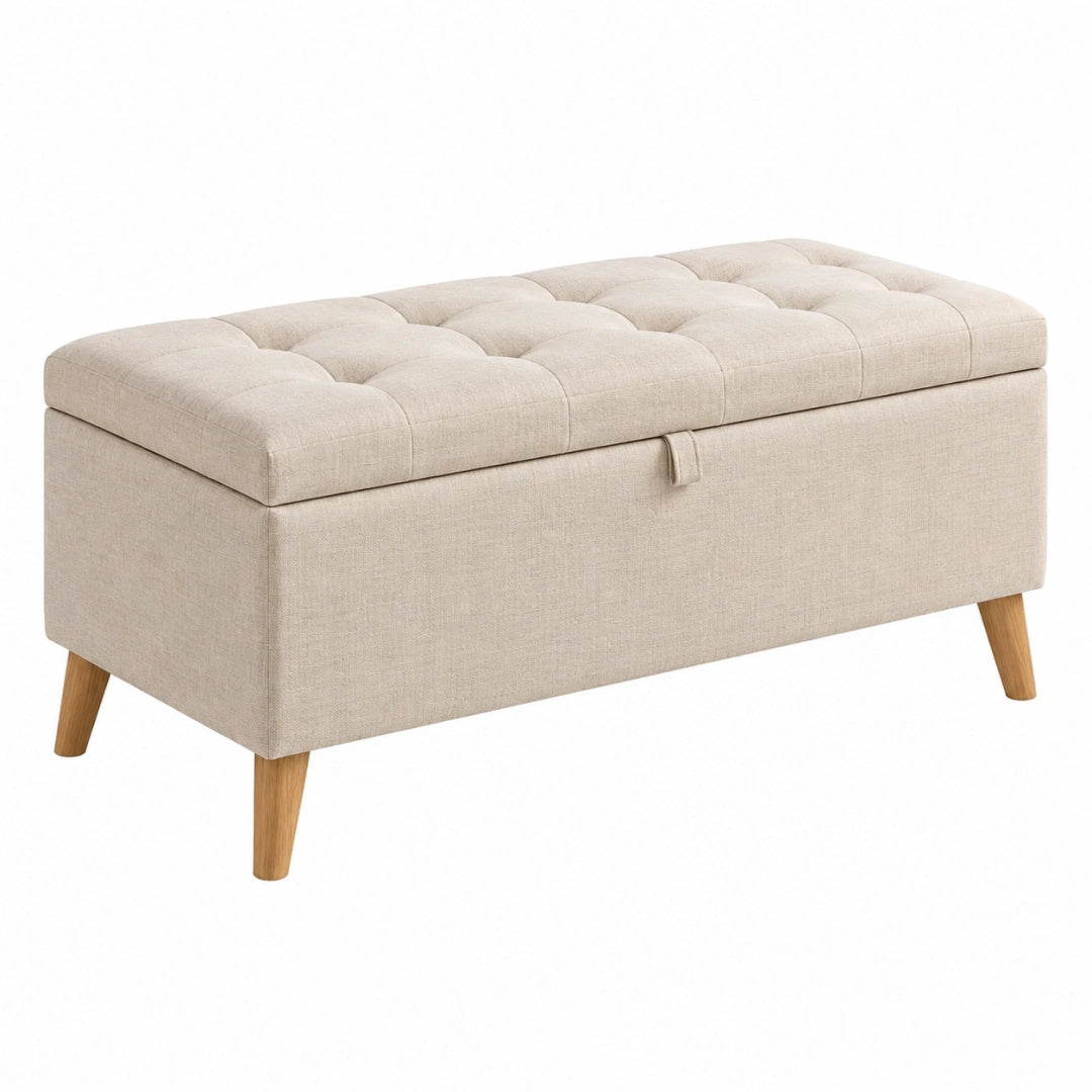 Banc coffre 100 x 40 x 45 cm en tissu beige avec pieds en bois style scandinave - Xelmavor