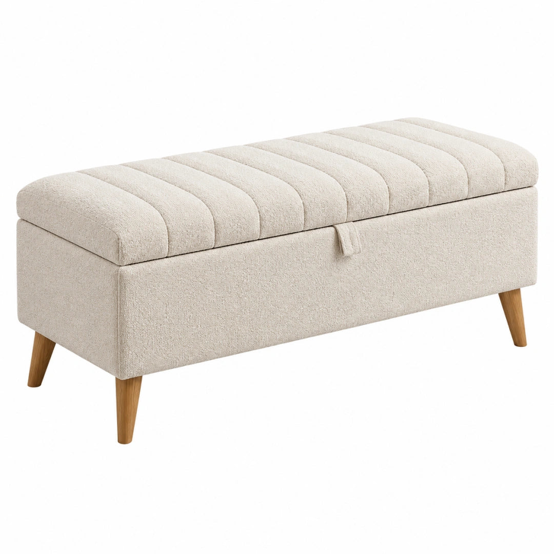 Banc de rangement 120 x 45 x 47 cm en tissu bouclé beige avec pieds en bois - assise capitonnée - Xelmavor
