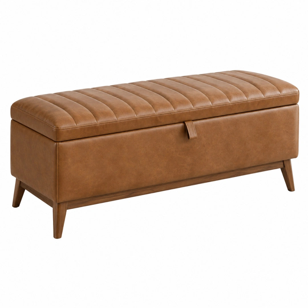 Banquette coffre de rangement 110 cm marron aspect cuir style rétro - Xelmavor