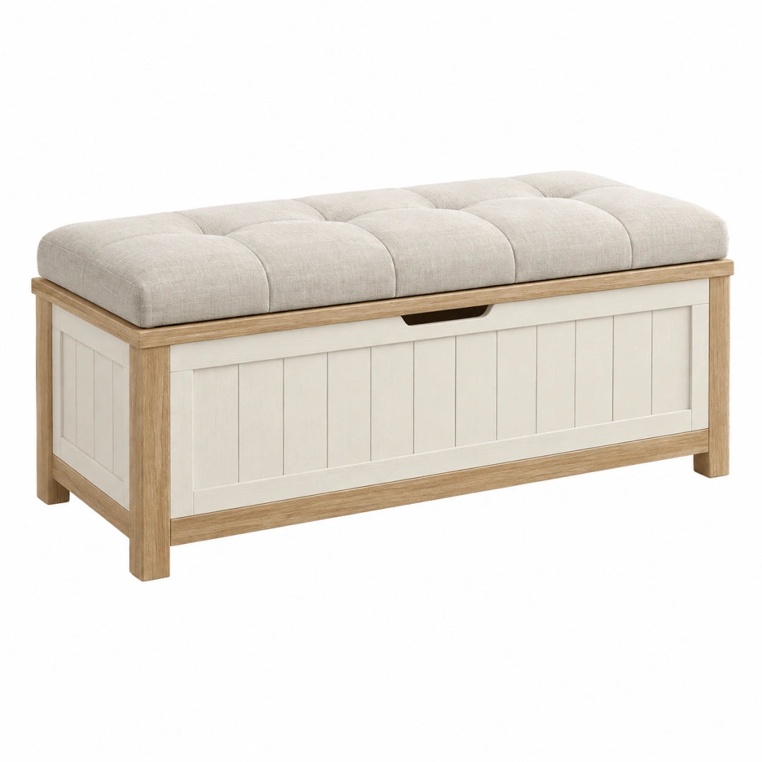 Banc coffre 120 x 45 x 50 cm en bois beige blanc avec assise capitonnée - Xelmavor
