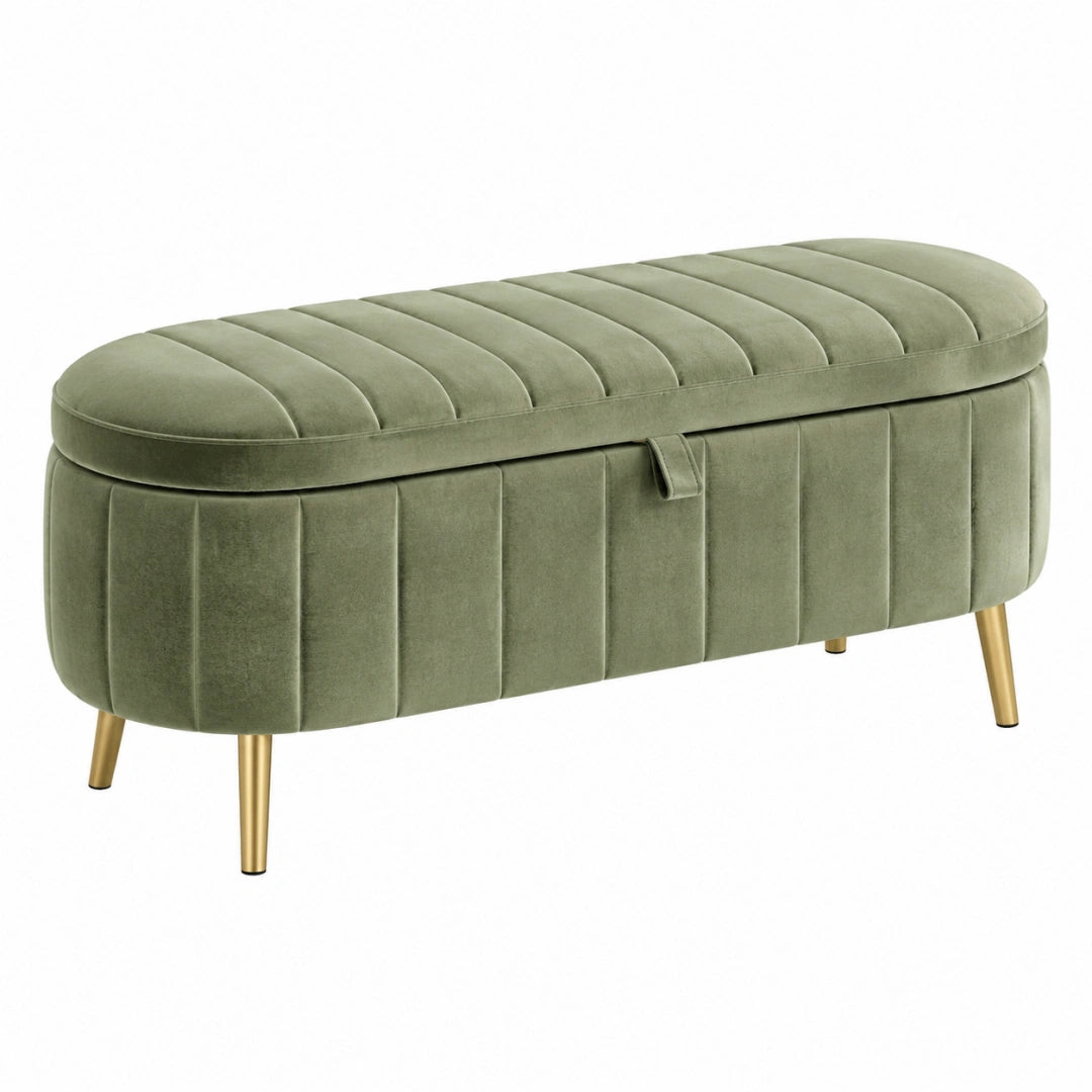 Banc coffre 100 cm en velours vert avec pieds métalliques dorés capitonné - Xelmavor
