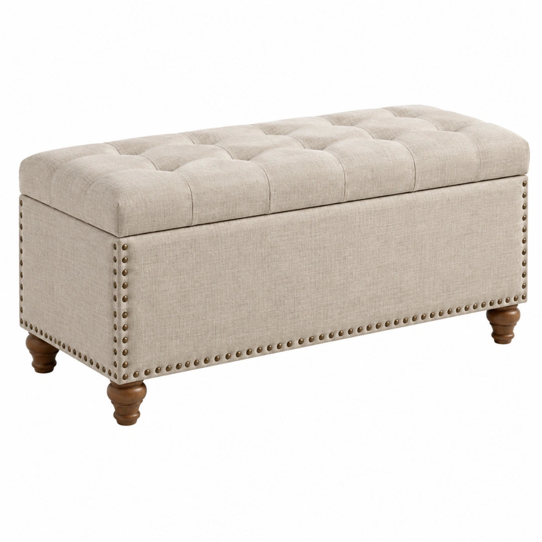 Banc coffre 120 x 45 x 48 cm en tissu beige capitonné pour rangement style classique - Xelmavor