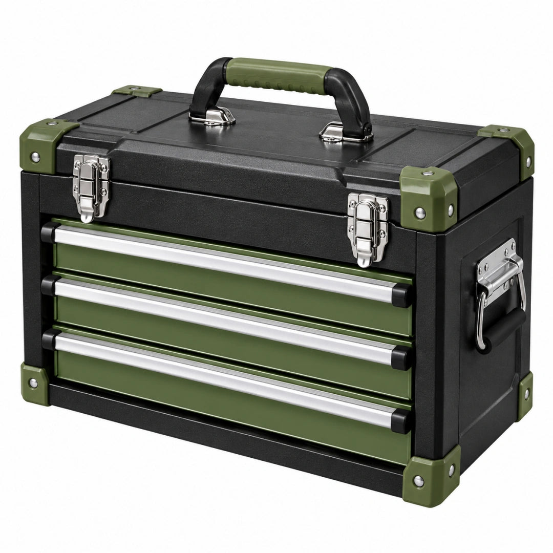 Coffre à outils 50 x 25 x 30 cm en métal noir et vert avec 3 tiroirs portable - Xelmavor