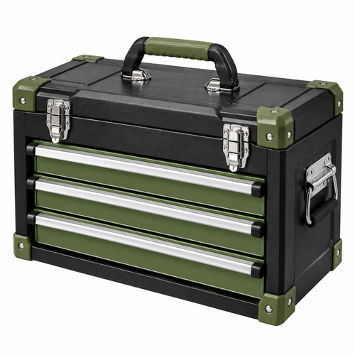 Coffre à outils 50 x 25 x 30 cm en métal noir et vert avec 3 tiroirs portable - Xelmavor