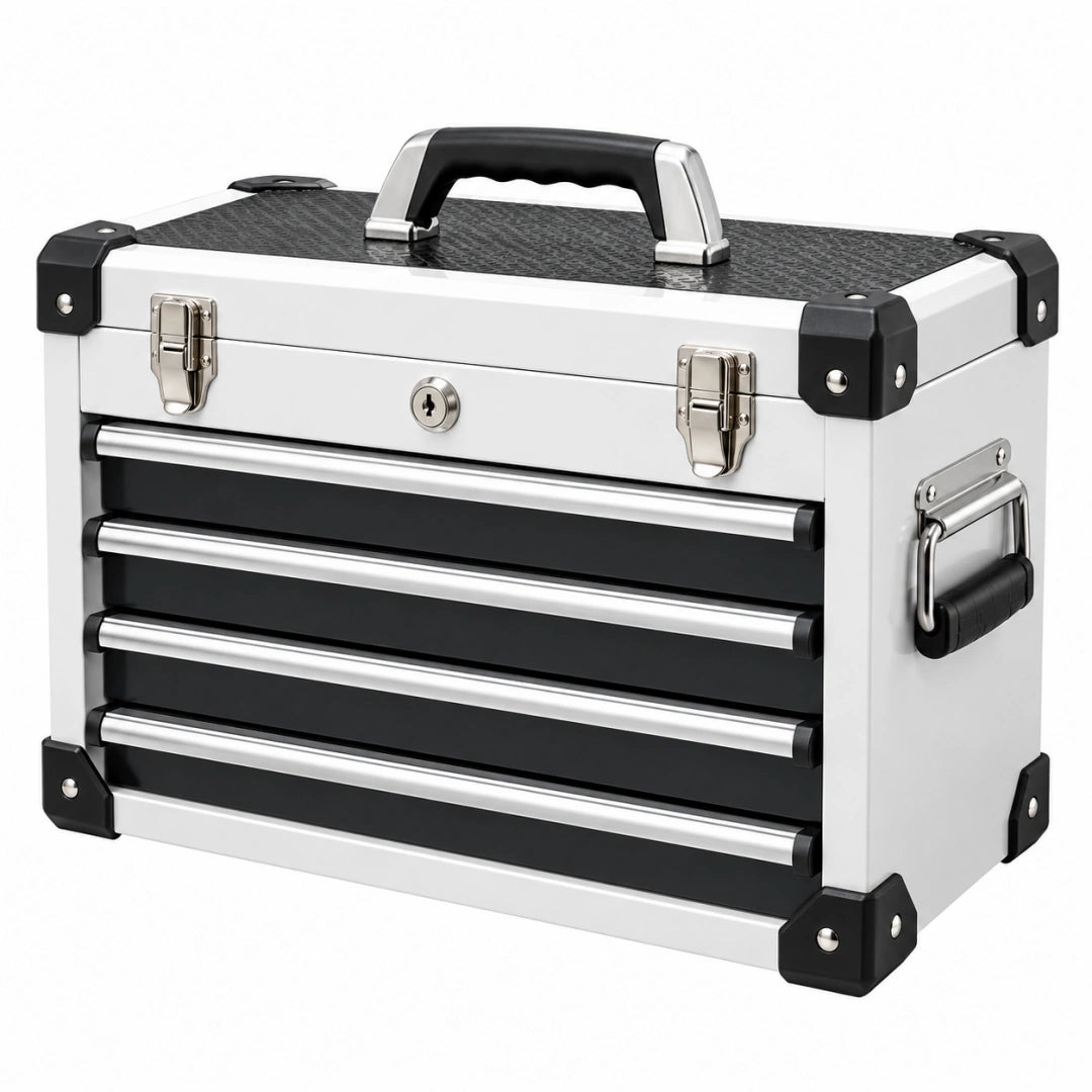 Coffret à outils 45 x 25 x 35 cm aluminium blanc et noir avec tiroirs verrouillables - Xelmavor