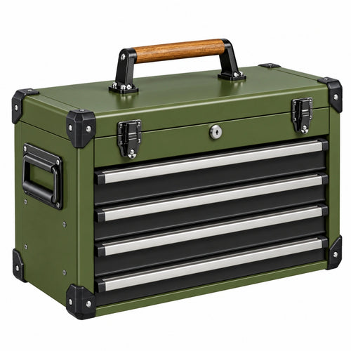 Coffre à outils 60 x 30 x 40 cm en acier vert avec 4 tiroirs et poignée en bois - Xelmavor