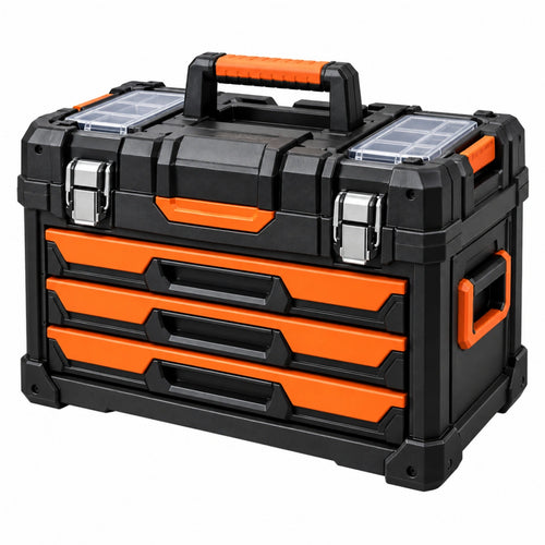 Caisse à outils 50 x 30 x 35 cm en plastique noir et orange avec 3 tiroirs - Xelmavor