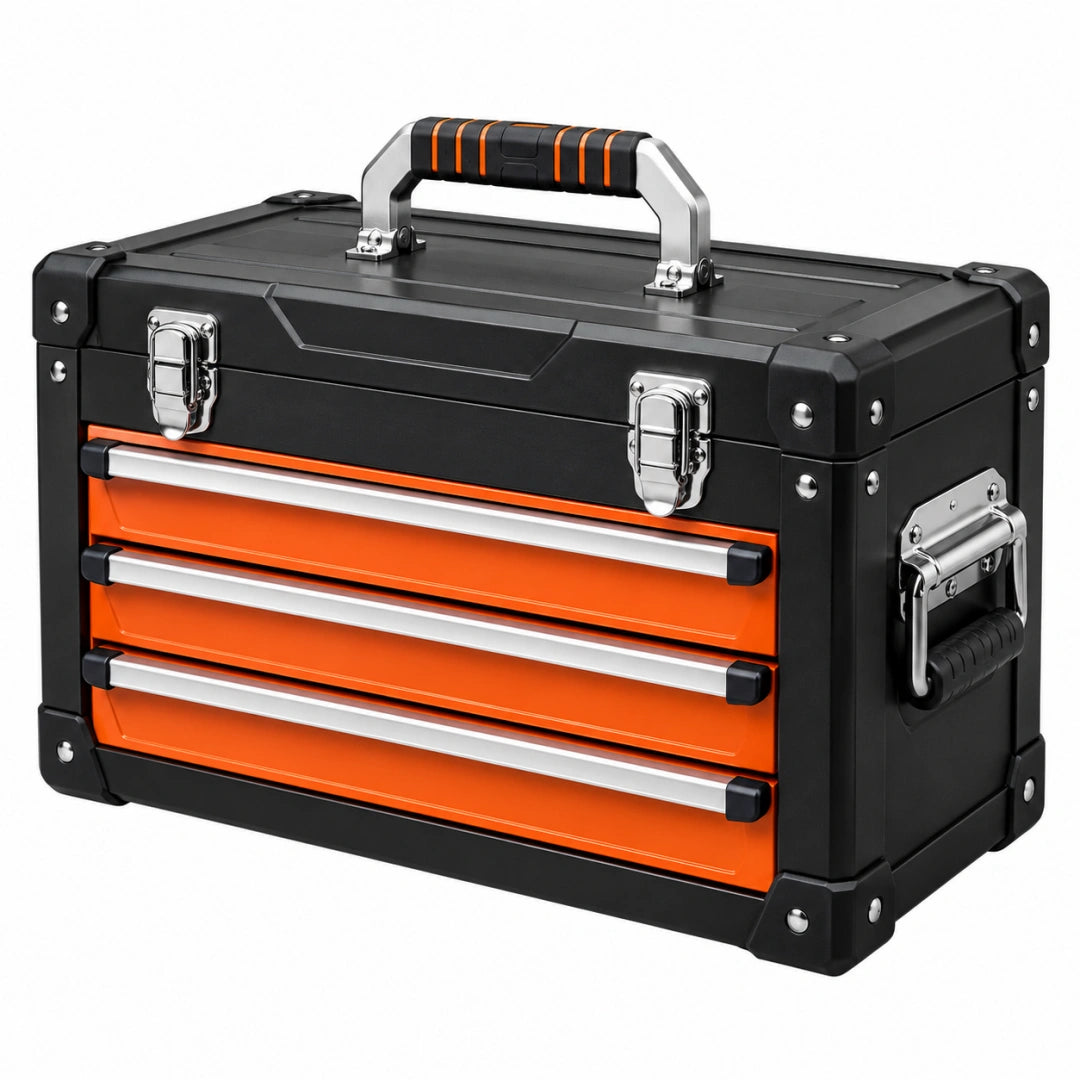 Coffre à outils 50 x 25 x 35 cm en métal noir et orange à 3 tiroirs portable - Xelmavor