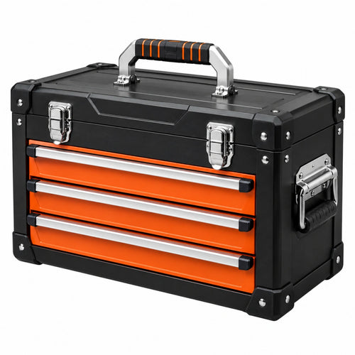 Coffre à outils 50 x 25 x 35 cm en métal noir et orange à 3 tiroirs portable - Xelmavor