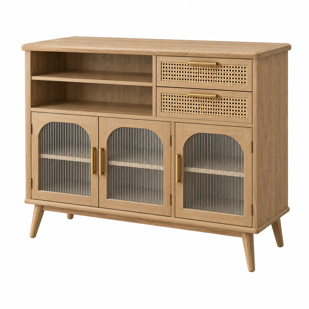 Buffet 120 x 40 x 100 cm en bois chêne avec verre strié et cannage style rétro - Xelmavor