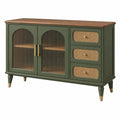 Buffet 140 x 40 x 85 cm vert en bois avec portes vitrées et tiroirs en rotin - Xelmavor