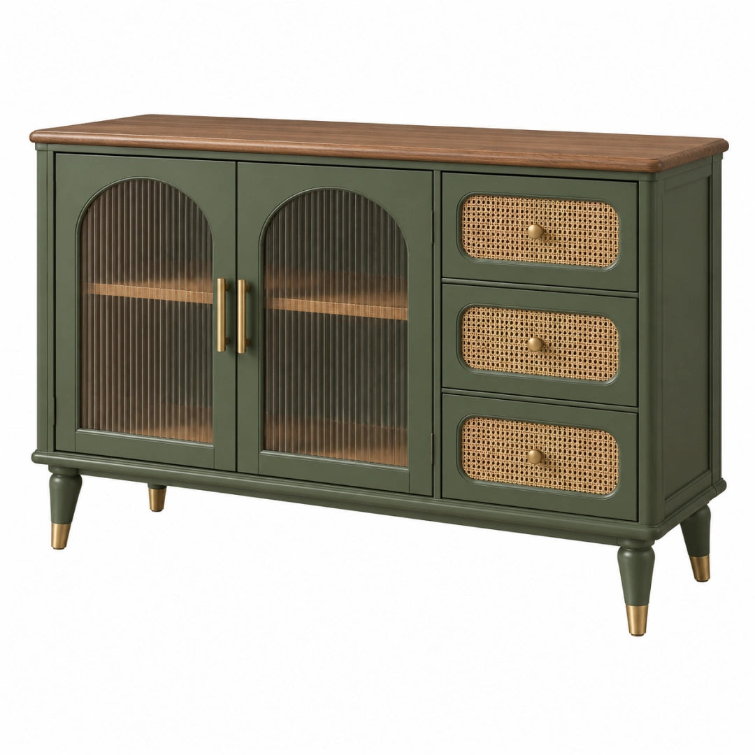 Buffet 140 x 40 x 85 cm vert en bois avec portes vitrées et tiroirs en rotin - Xelmavor