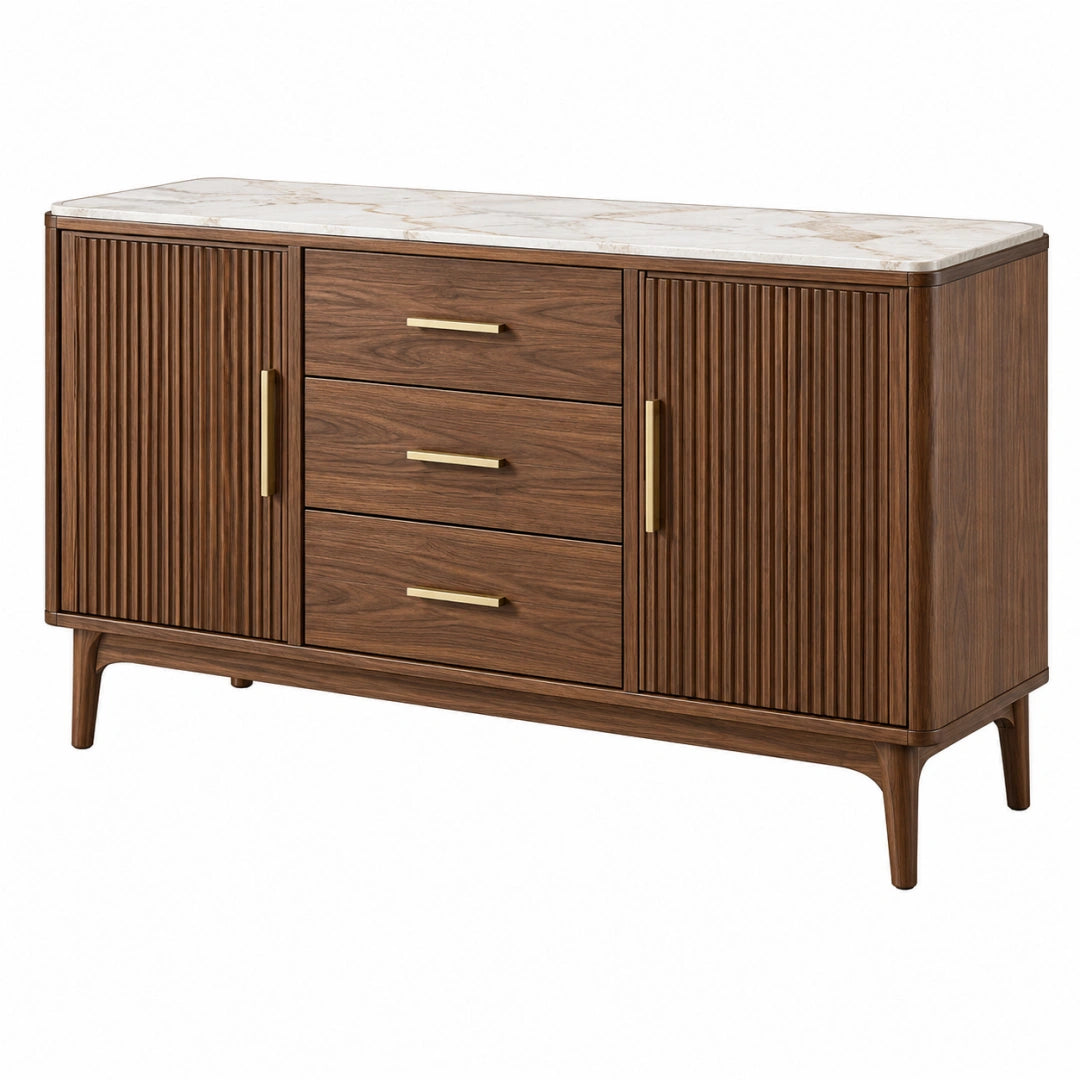 Buffet 160 x 45 x 90 cm en bois brun plateau aspect marbre rangement contemporain - Xelmavor