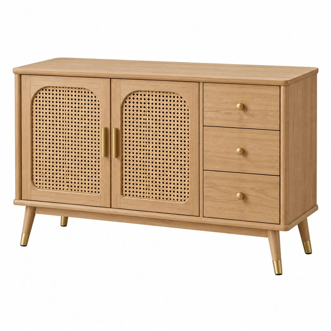 Buffet 120 x 40 x 75 cm en bois beige avec portes en cannage style rétro - Xelmavor