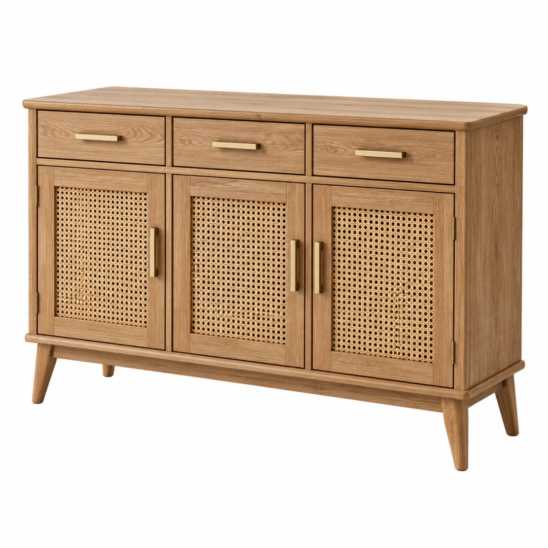 Buffet 140 x 40 x 85 cm en bois marron avec cannage style rétro - Xelmavor