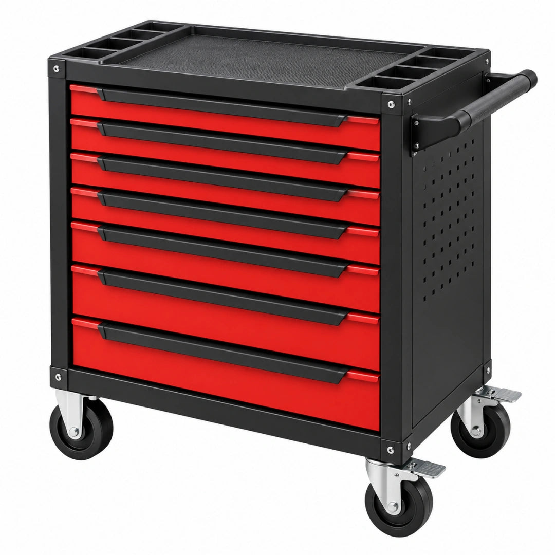 Servante d atelier 77 x 46 x 97 cm en acier noir et rouge avec 7 tiroirs sur roulettes - Xelmavor