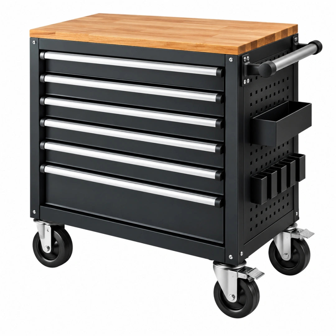 Servante d'atelier 80 x 46 x 96 cm acier noir plateau bois mobile - Xelmavor