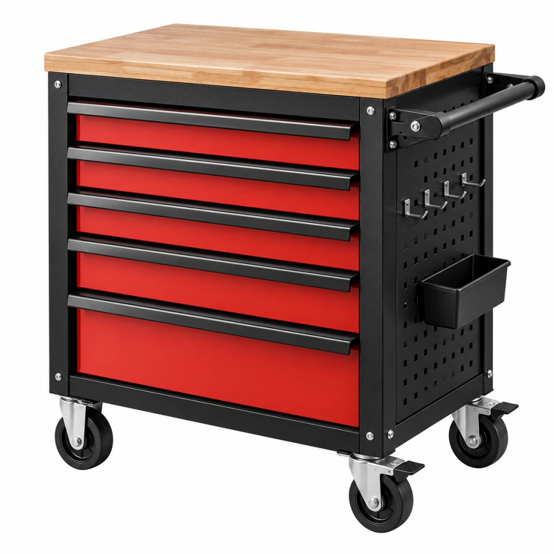 Servante d'atelier 77 x 46 x 95 cm en acier noir et rouge avec plan de travail en bois - Xelmavor