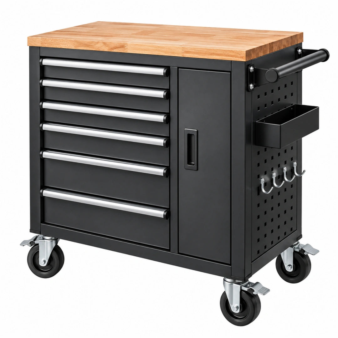 Servante d atelier 98 x 48 x 95 cm en acier noir avec plateau en bois et roulettes - Xelmavor