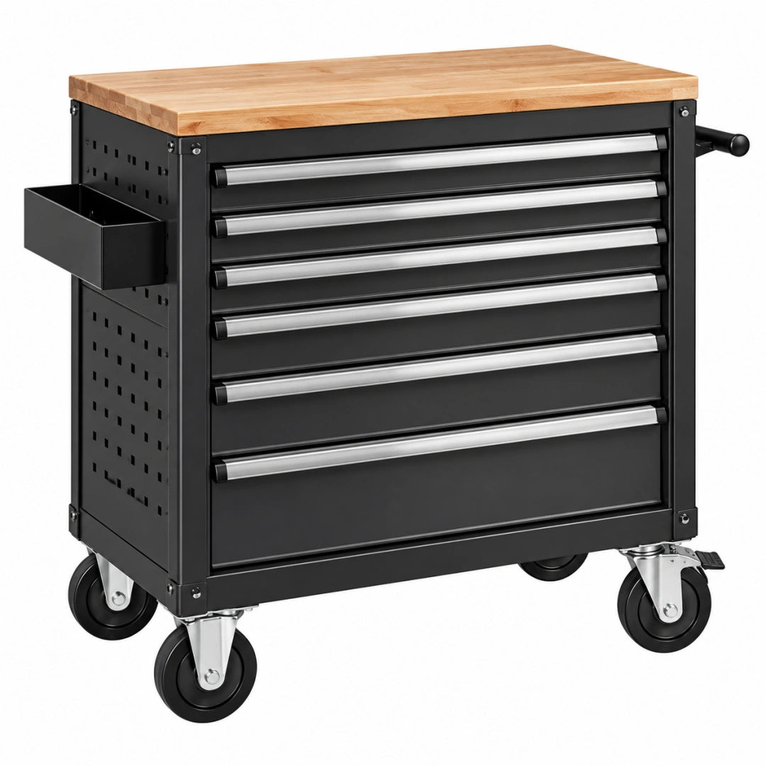 Servante d atelier 76 x 46 x 97 cm en acier noir avec plateau en bois et 7 tiroirs mobiles - Xelmavor