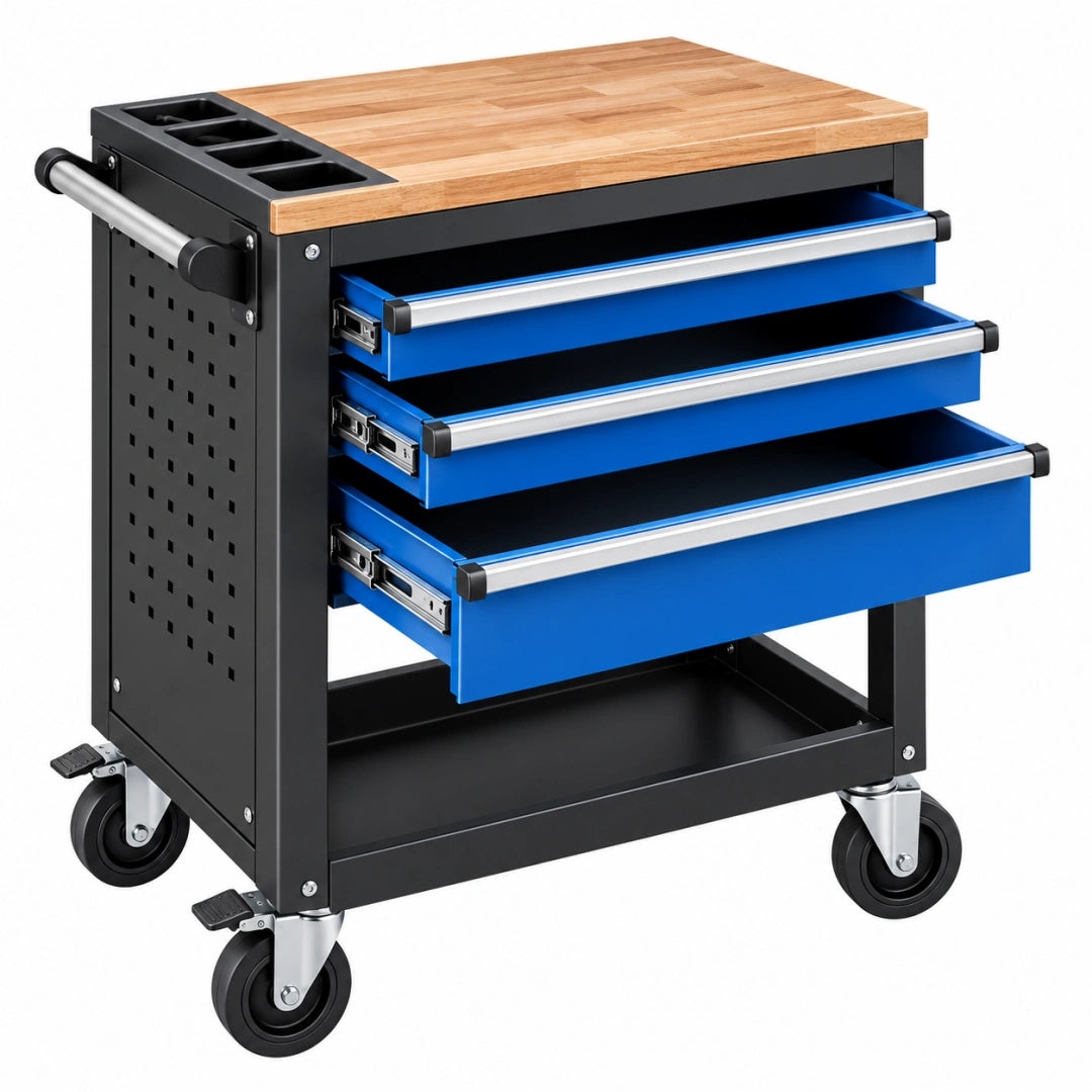 Servante d'atelier 85 x 45 x 95 cm en acier noir et bleu avec plateau en bois et 3 tiroirs mobile - Xelmavor