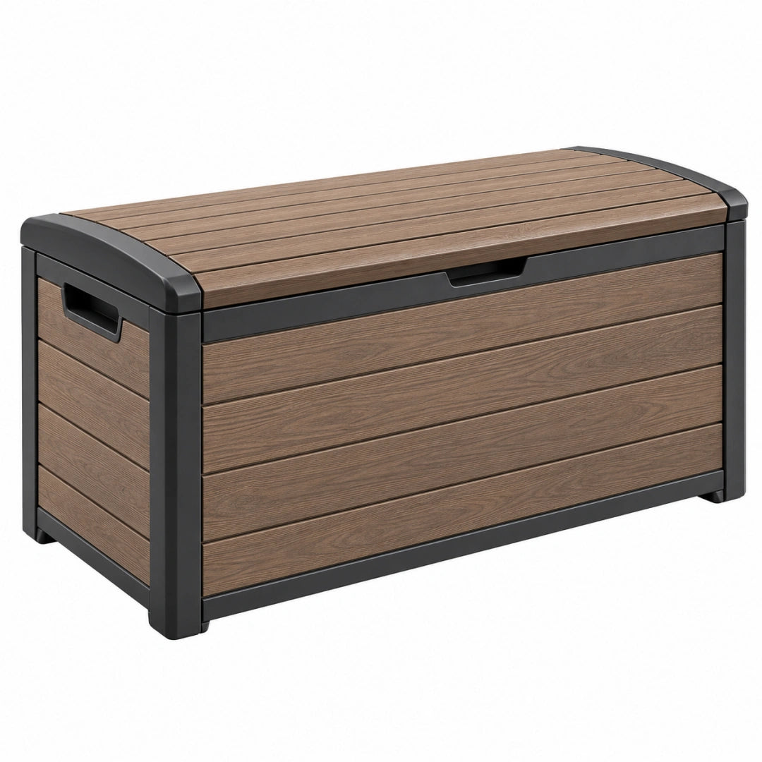 Coffre de rangement extérieur 120 x 56 x 63 cm en résine marron et noir avec couvercle - Xelmavor