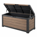 Coffre de rangement extérieur 120 x 60 x 65 cm effet bois brun et noir avec couvercle assisté - Xelmavor