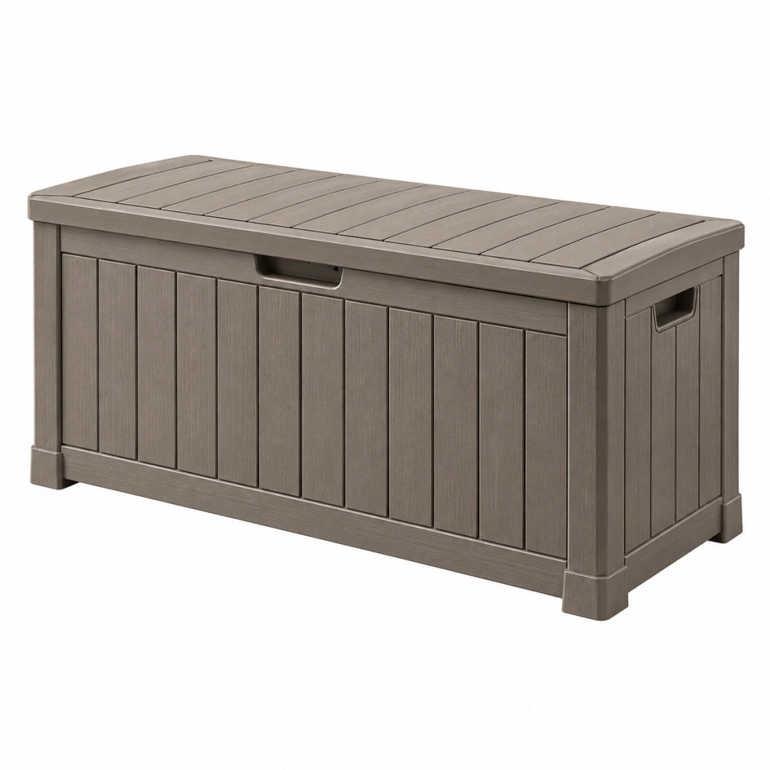 Coffre de rangement extérieur 120 x 55 x 60 cm en résine taupe avec couvercle style contemporain - Xelmavor