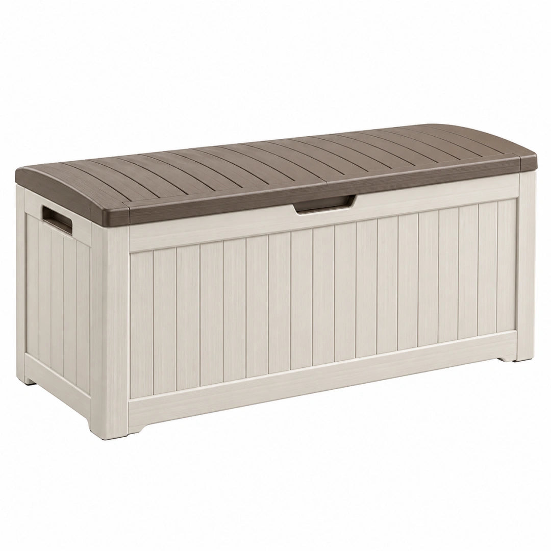 Coffre de rangement extérieur 120 x 60 x 63 cm en résine beige et taupe avec couvercle - Xelmavor