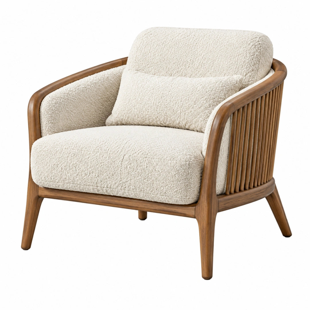 Fauteuil 82 x 78 x 82 cm en bois marron et tissu bouclette écru style contemporain - Xelmavor
