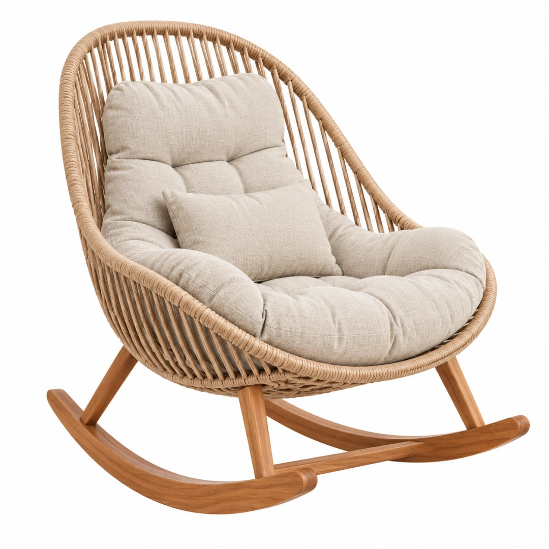 Fauteuil à bascule 100 x 80 x 105 cm en rotin beige avec base en bois - Assise rembourrée style bohème - Xelmavor