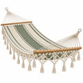 Hamac 300 x 100 cm en coton beige et vert avec barres en bois style bohème suspendu - Xelmavor