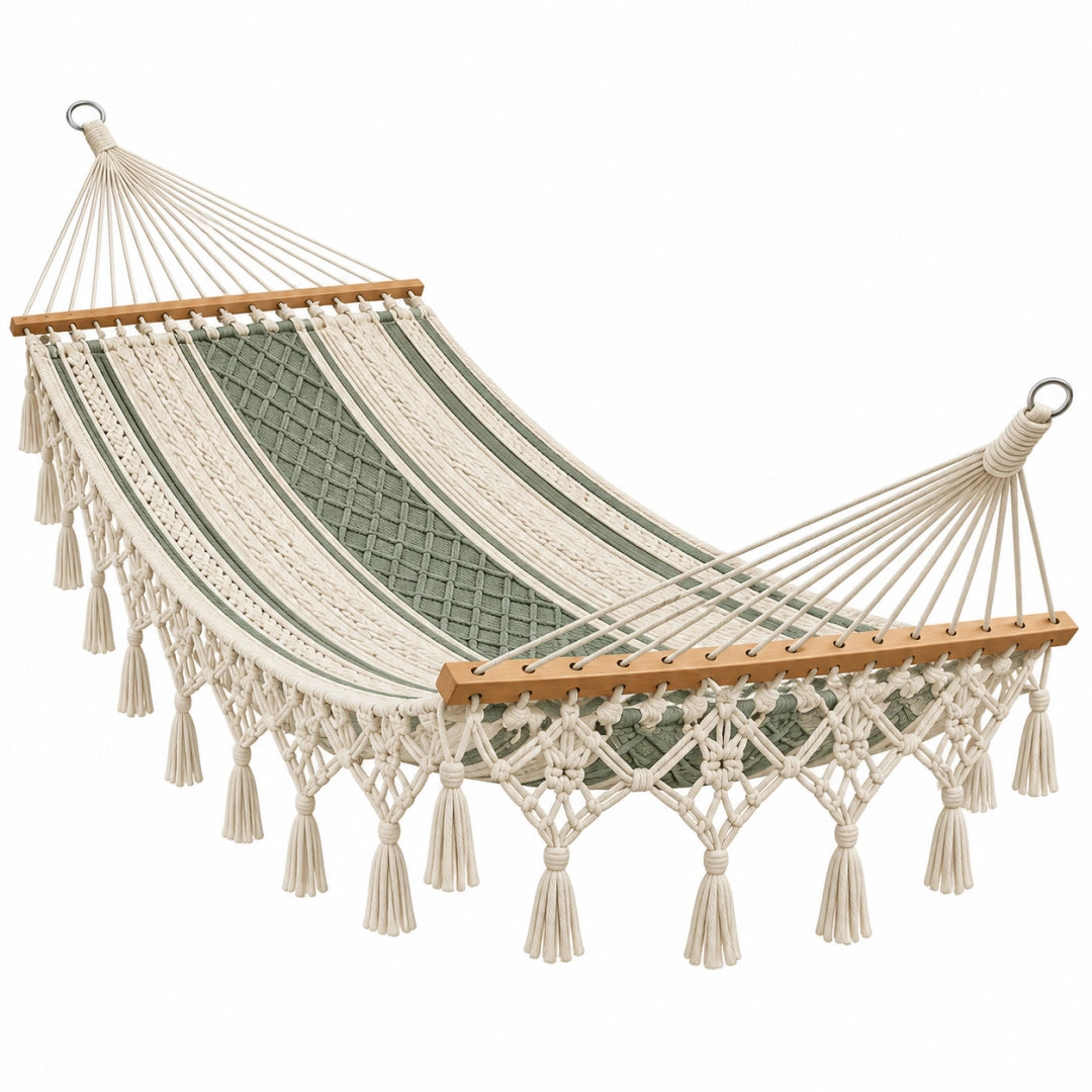 Hamac 300 x 100 cm en coton beige et vert avec barres en bois style bohème suspendu - Xelmavor