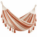 Hamac suspendu 300 x 100 x 120 cm en coton écru et terracotta à franges style bohème - Xelmavor