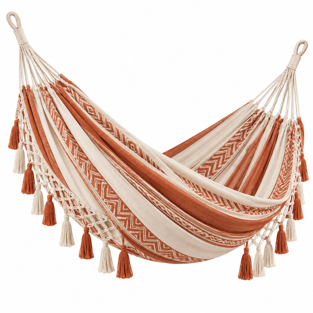 Hamac suspendu 300 x 100 x 120 cm en coton écru et terracotta à franges style bohème - Xelmavor