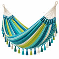 Hamac 300 x 150 cm en tissu tissé bleu turquoise vert et écru avec franges - Xelmavor