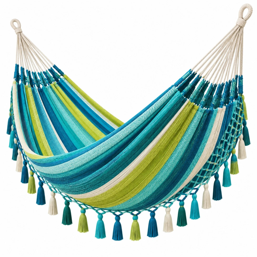 Hamac 300 x 150 cm en tissu tissé bleu turquoise vert et écru avec franges - Xelmavor