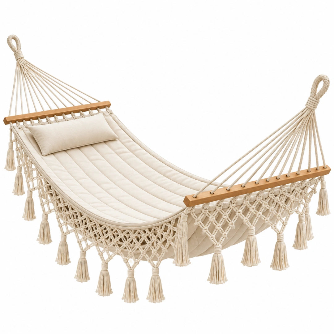 Hamac suspendu 200 x 100 cm en coton écru style bohème - Xelmavor
