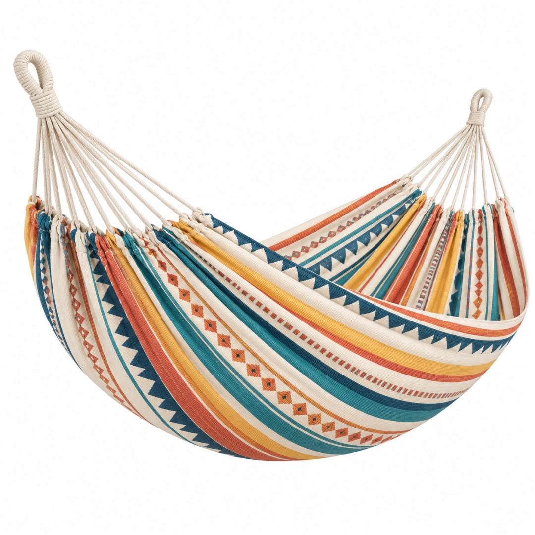 Hamac 200 x 100 cm en coton beige bleu pétrole orange moutarde à motifs tissés pour jardin - Xelmavor