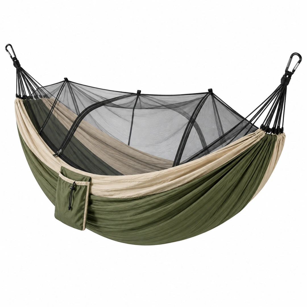 Hamac avec moustiquaire 260 x 140 cm en nylon vert beige - suspendu pour camping et jardin - Xelmavor