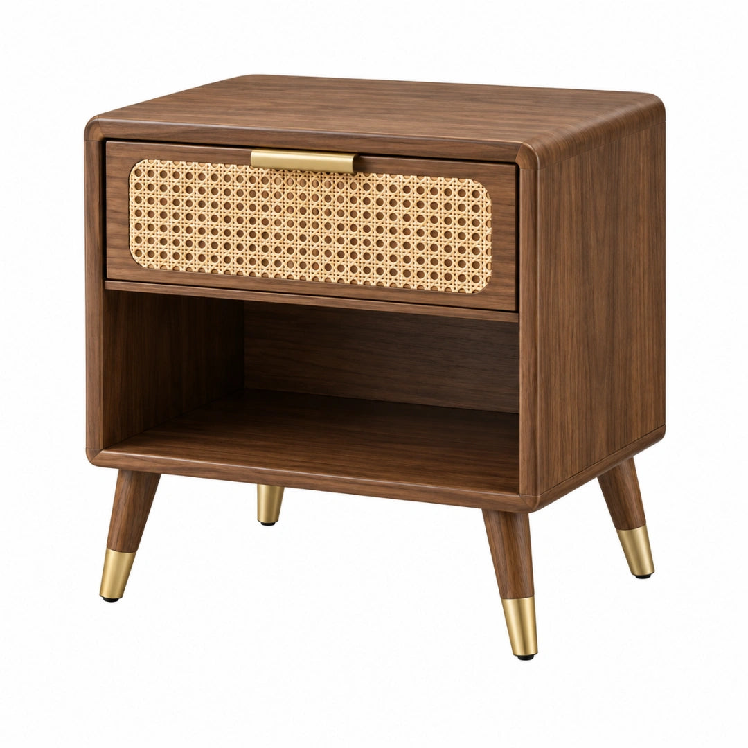 Table de chevet 45 x 40 x 55 cm en bois marron avec cannage style rétro à tiroir - Xelmavor