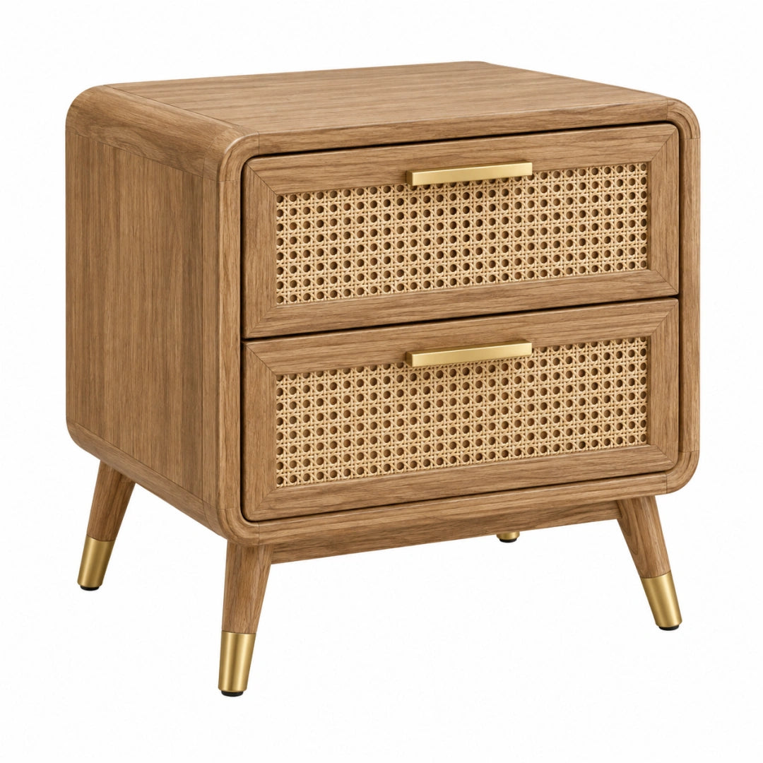 Table de chevet 50 x 40 x 60 cm en bois marron avec cannage 2 tiroirs style rétro - Xelmavor