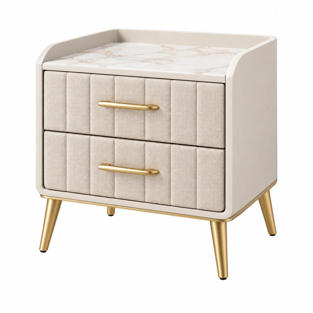 Table de chevet 50 x 40 x 60 cm beige en panneaux de bois avec tiroirs en tissu et pieds dorés - Xelmavor