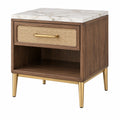 Table de chevet 50 x 40 x 60 cm en bois brun avec plateau aspect marbre et tiroir cannage - Xelmavor