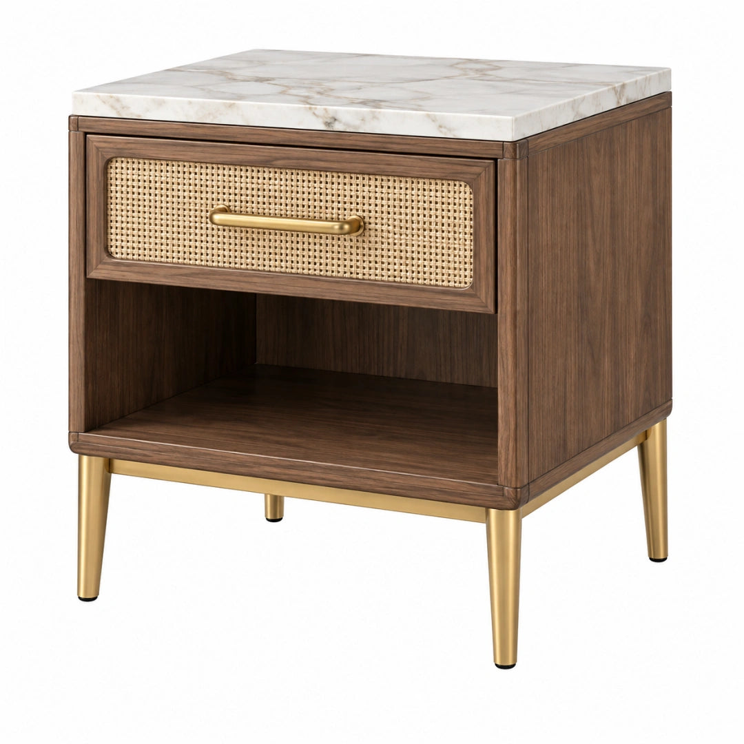 Table de chevet 50 x 40 x 60 cm en bois brun avec plateau aspect marbre et tiroir cannage - Xelmavor