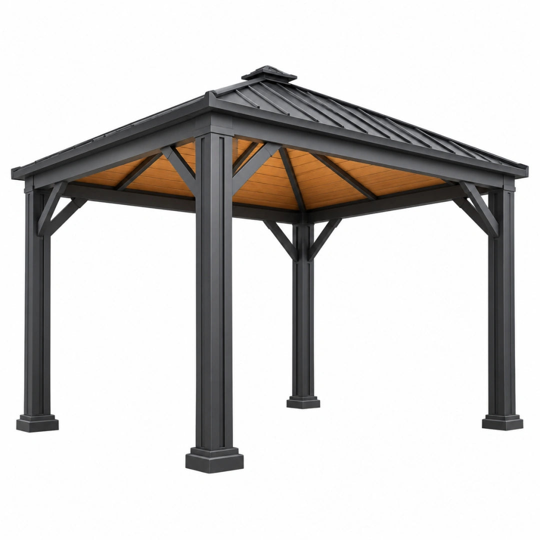 Pavillon de jardin 300 x 300 x 300 cm en acier noir avec toit rigide style contemporain - Xelmavor